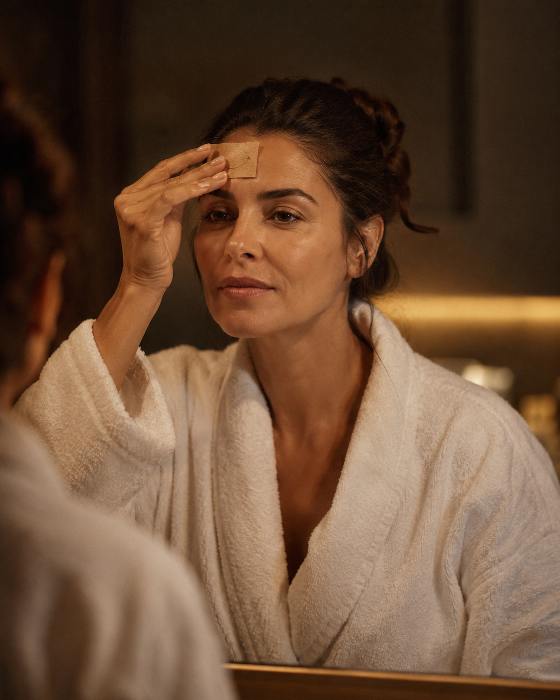 Mulher aplicando o patch Facial Up à noite
